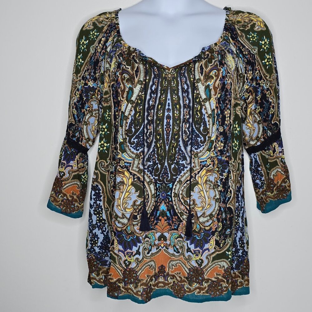 Soft Surroundings Women Large Top Blouse Shirt Crinkle Boho Festival 3/4 Sleeves